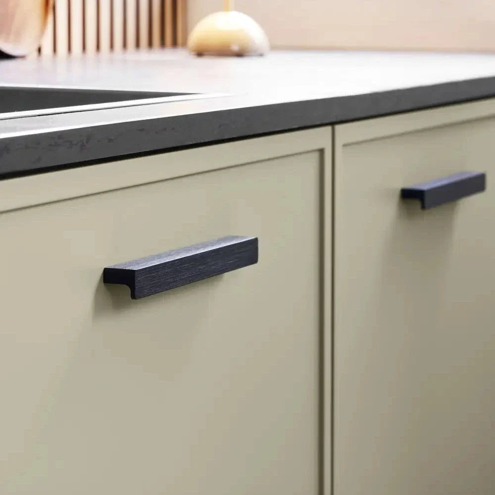 Brushed Matte Black "Elan" Knob and Drawer Pulls.