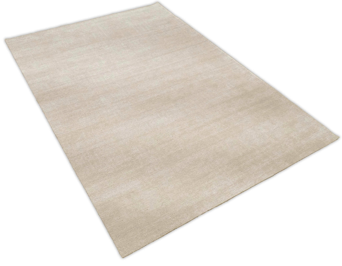 Modern Solid Beige Hand Woven Wool Area Rug.