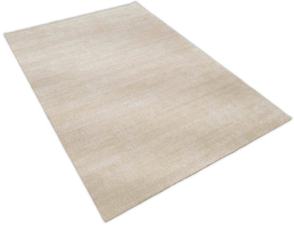 Modern Solid Beige Hand Woven Wool Area Rug.