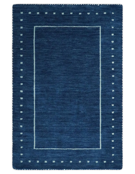 Modern Solid Plane Blue Hand Loomed Southwestern Custom Made wool Area Rug.