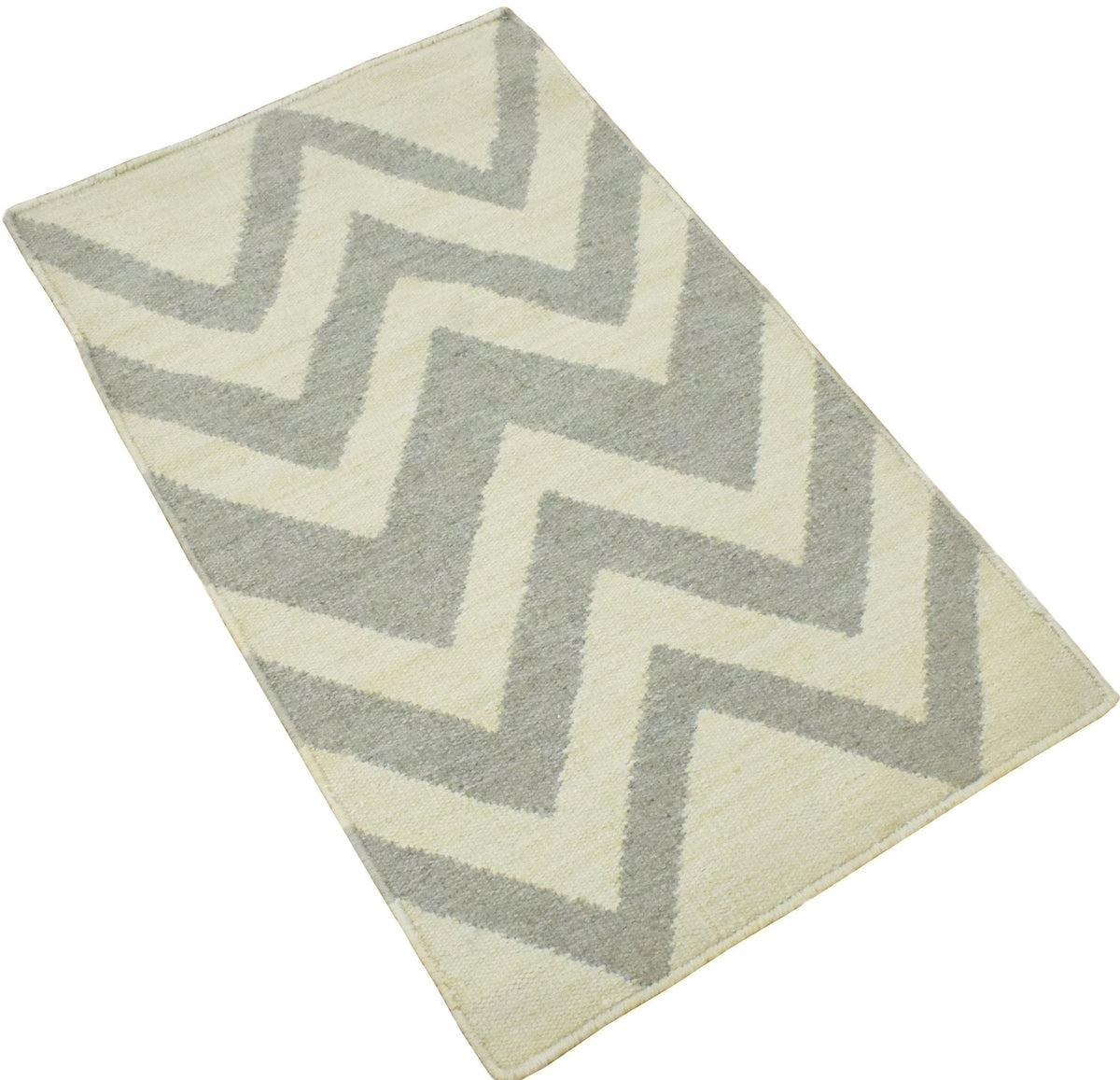 Chevron Pattern Gray and Beige Dhurrie Rug.