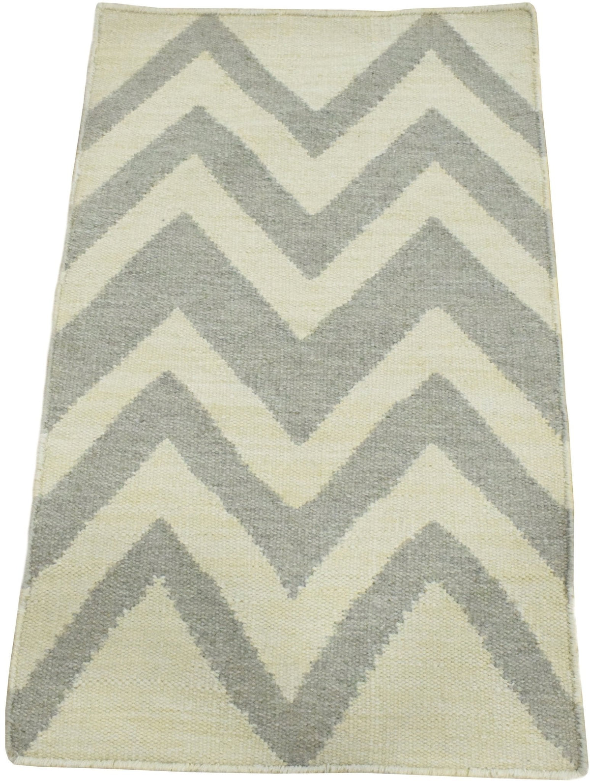 Chevron Pattern Gray and Beige Dhurrie Rug.