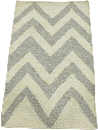 Chevron Pattern Gray and Beige Dhurrie Rug.