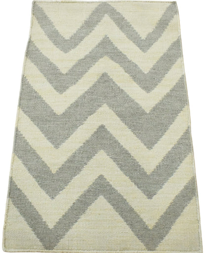 Chevron Pattern Gray and Beige Dhurrie Rug.