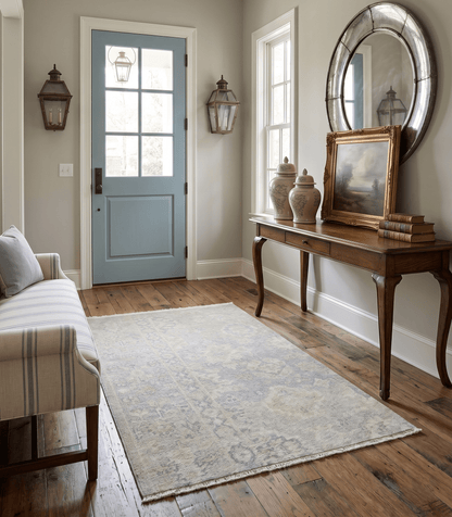 2x3 Hand Knotted Gray And Beige Traditional Oushak Wool Rug.