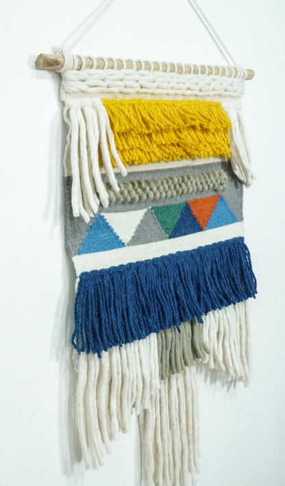 2x3 Wool Hand Woven Blue, White and Gold Boho Wall Hanging | WH2.