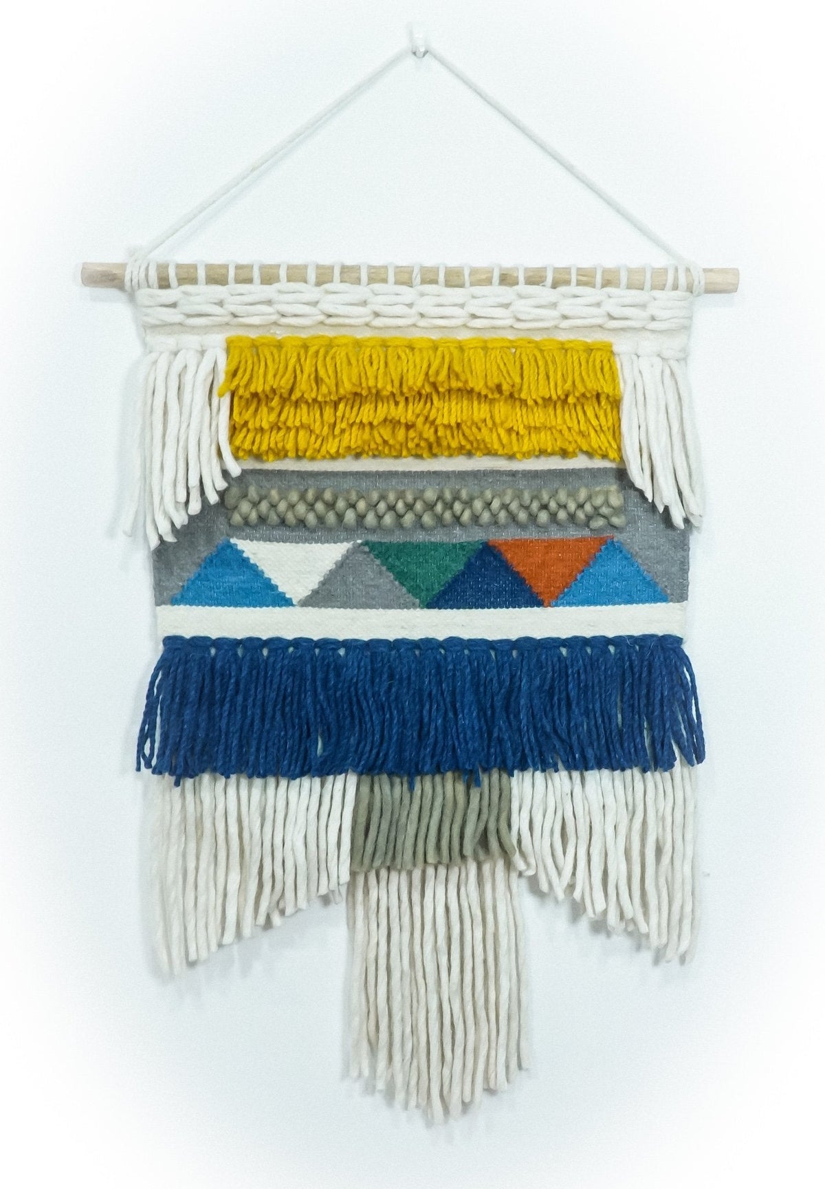 2x3 Wool Hand Woven Blue, White and Gold Boho Wall Hanging | WH2.
