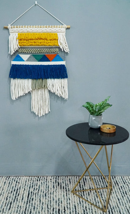 2x3 Wool Hand Woven Blue, White and Gold Boho Wall Hanging | WH2.