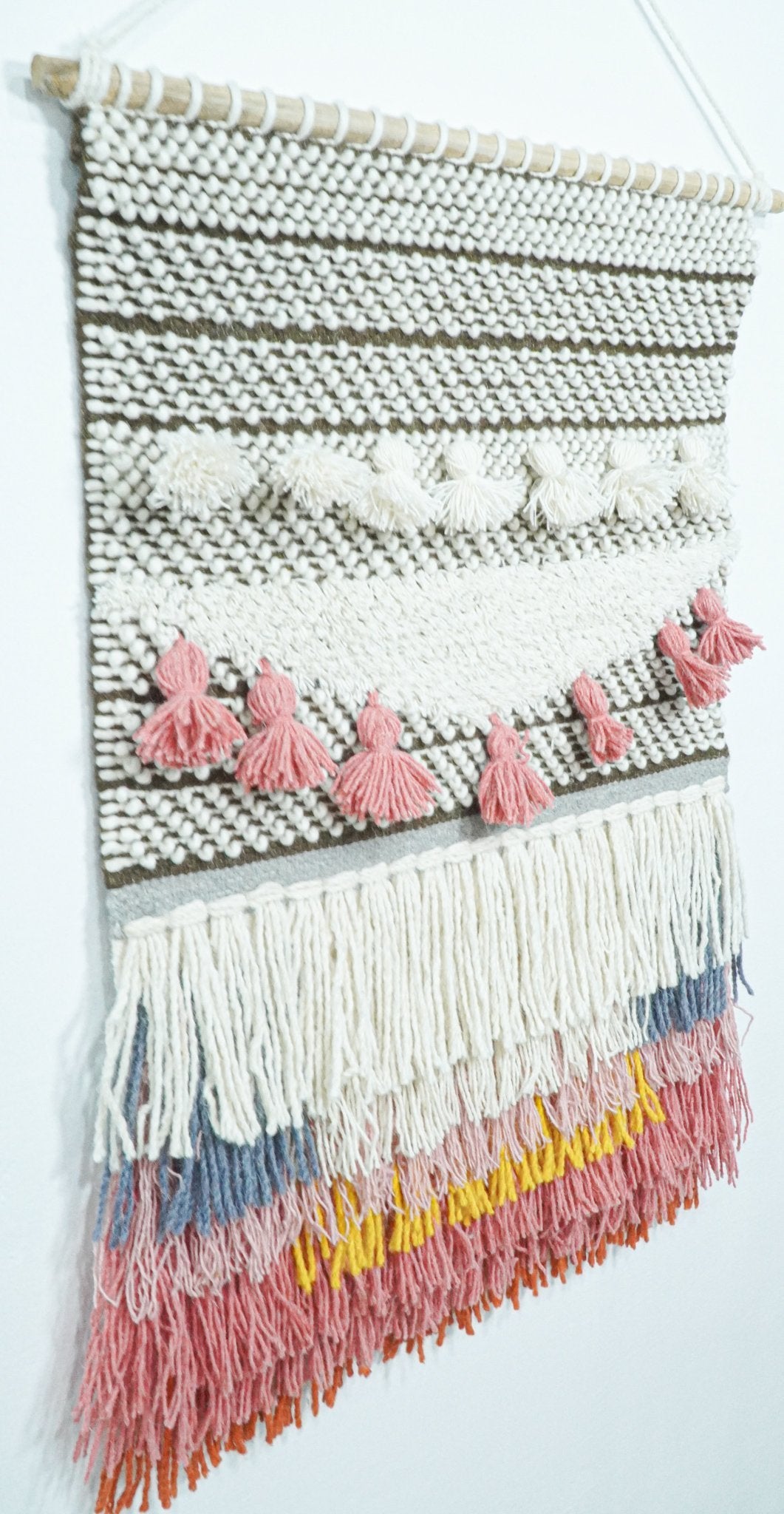 2x3 Wool Hand Woven Brown, White and Pink Boho Wall Hanging | WH1.
