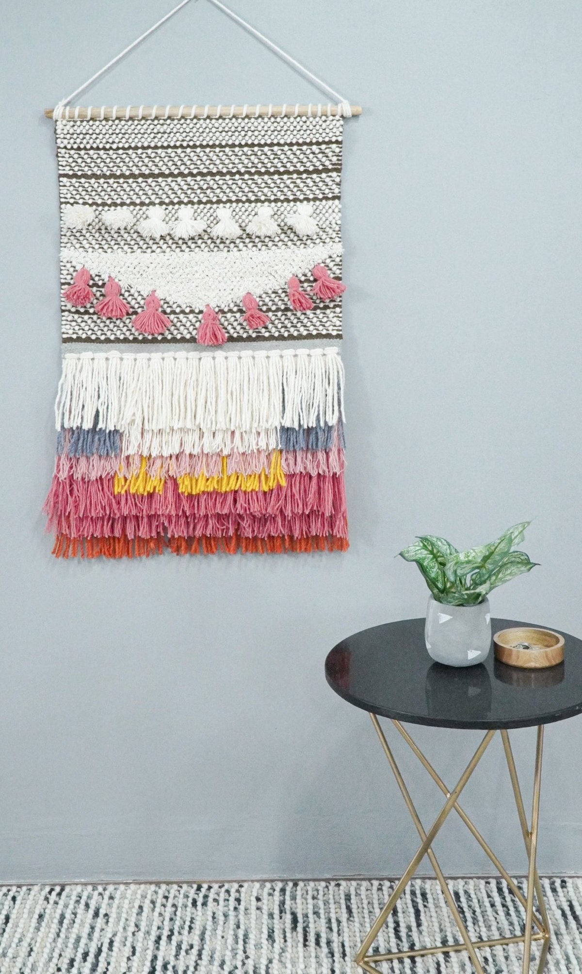 2x3 Wool Hand Woven Brown, White and Pink Boho Wall Hanging | WH1.