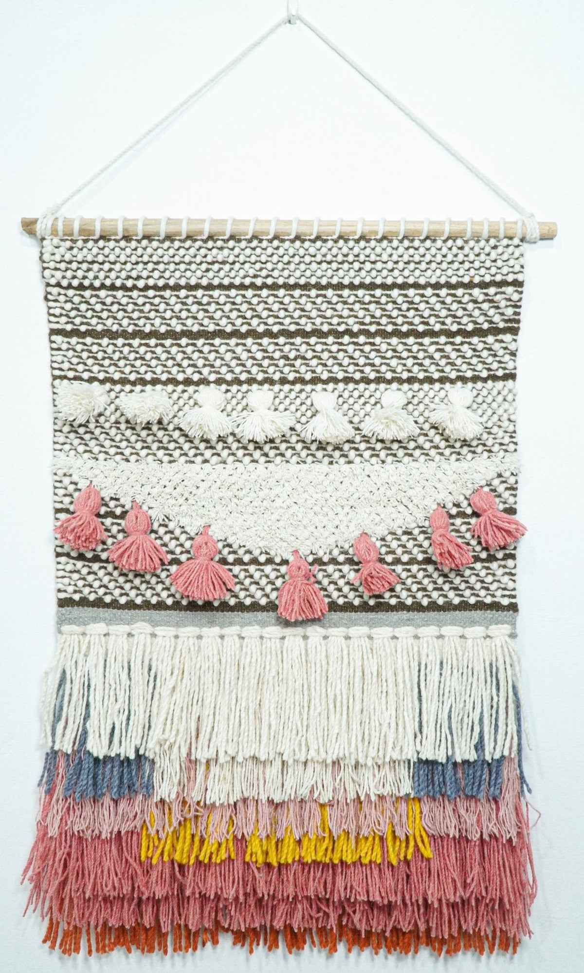 2x3 Wool Hand Woven Brown, White and Pink Boho Wall Hanging | WH1.