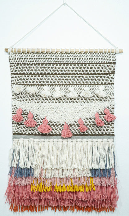 2x3 Wool Hand Woven Brown, White and Pink Boho Wall Hanging | WH1.
