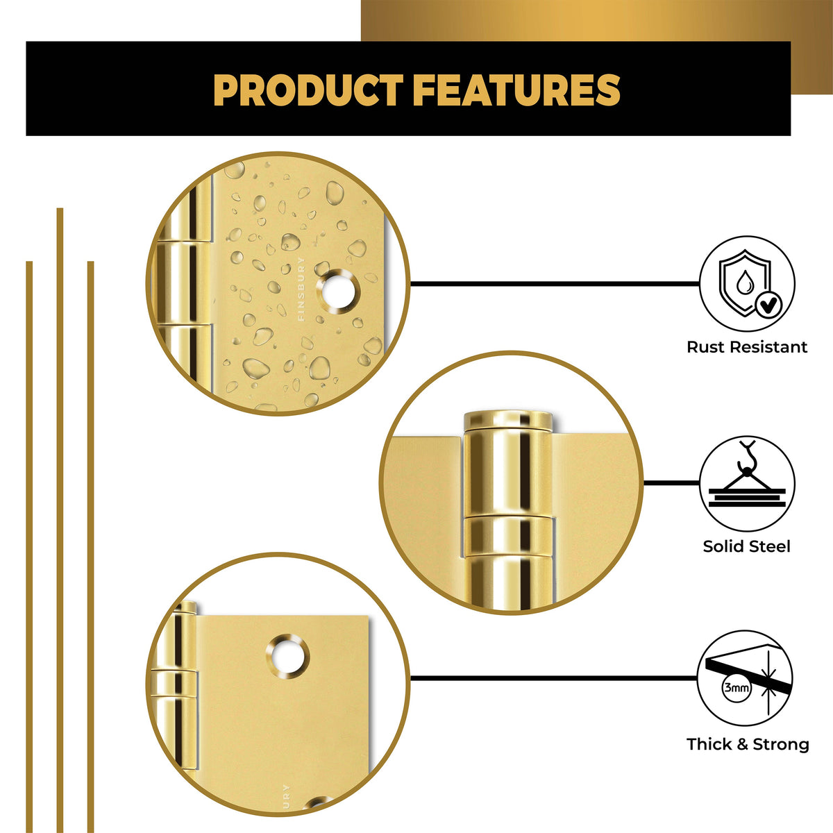 Polished Gold 3.5 x 3.5" NRP Steel Ball Bearing Hinge - Residential Door Hinge - 2 Pack.