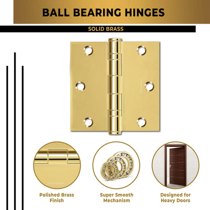 Polished Gold 3.5 x 3.5" NRP Steel Ball Bearing Hinge - Residential Door Hinge - 2 Pack.