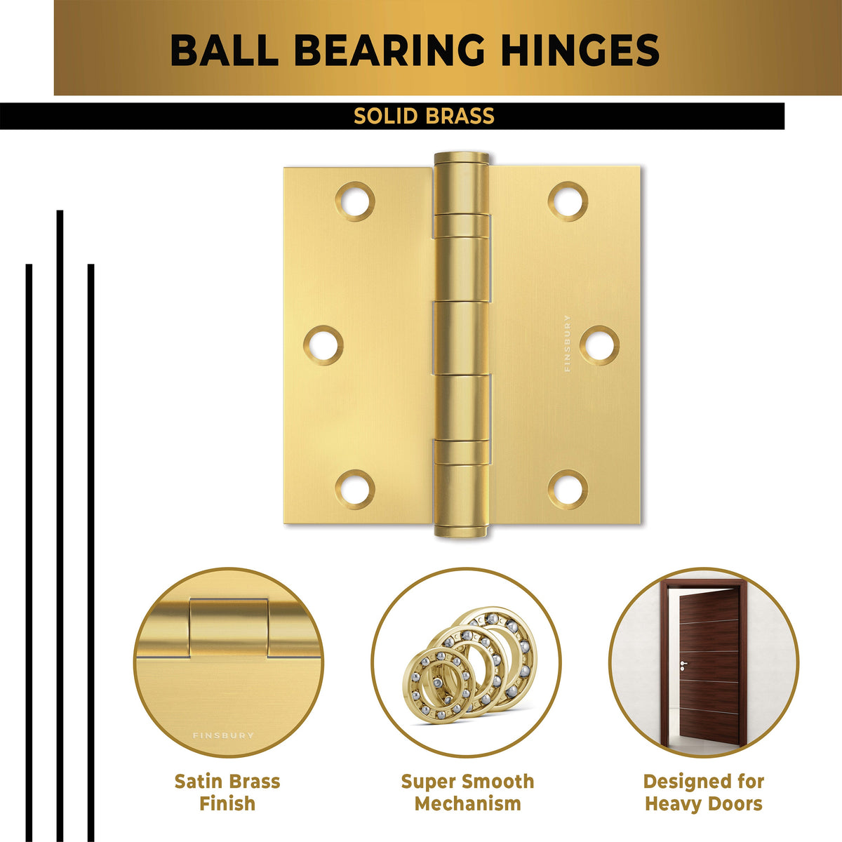 Matte Gold 3.5 x 3.5" NRP Steel Ball Bearing Hinge - Residential Door Hinge - 2 Pack.