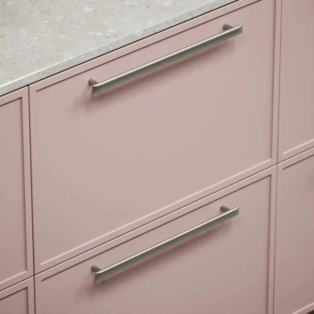 Satin Steel "Flow" T-Bar Cabinet Knob and Drawer Pull.