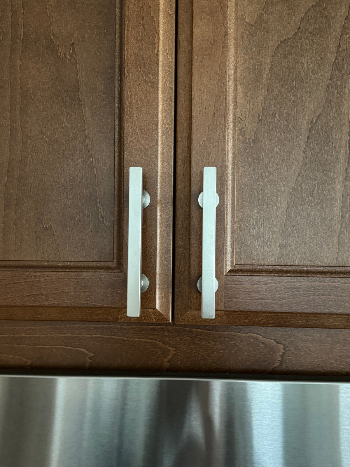Lew's Square Bar Cabinet Knobs and Pulls in Brushed Nickel.