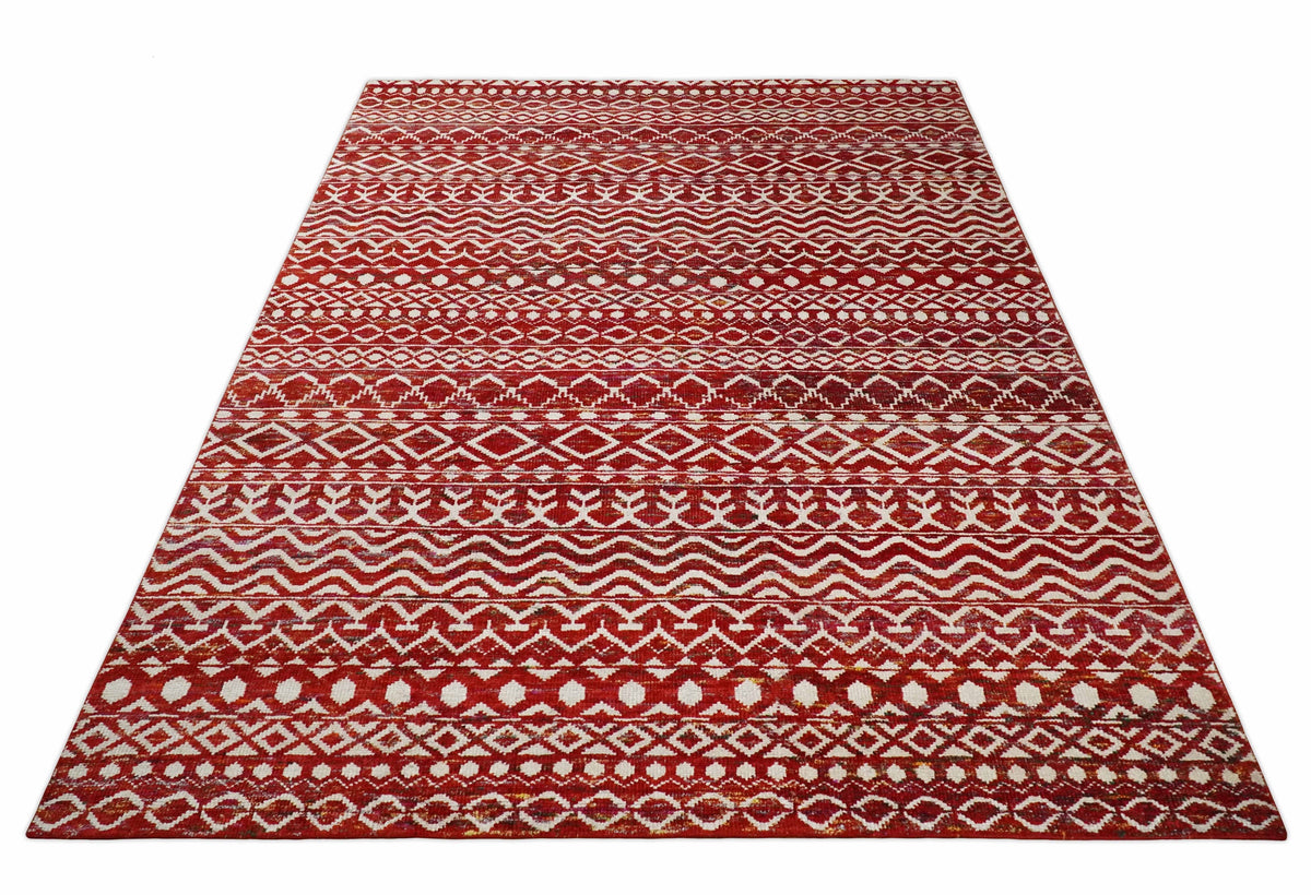 4x6 and 9x12 Hand Knotted Rust and White Modern Contemporary Southwestern Tribal Trellis Recycled Silk Area Rug | OP7.
