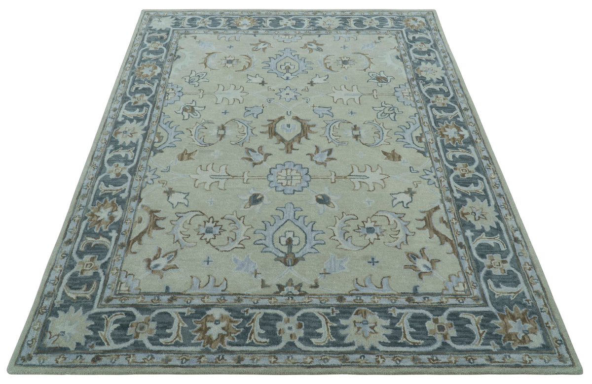 Traditional Oushak Design Beige And Blue Hand Tufted Custom Made Wool Rug.