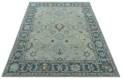 Traditional Oushak Design Beige And Blue Hand Tufted Custom Made Wool Rug.