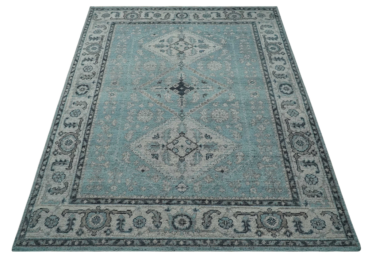 Distressed Hand Knotted Multi Size Blue, Silver and Charcoal Traditional Low Pile Wool Area Rug.