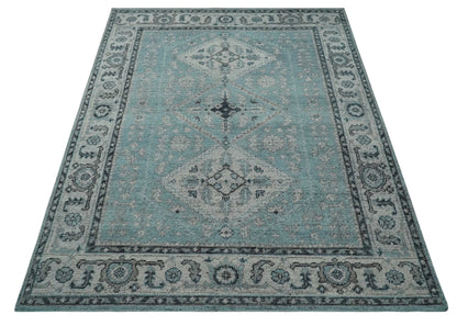 Distressed Hand Knotted Multi Size Blue, Silver and Charcoal Traditional Low Pile Wool Area Rug.
