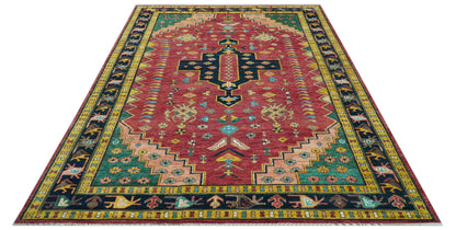 Custom Made Red And Green Traditional Heriz Design Hand Knotted Wool Rug.