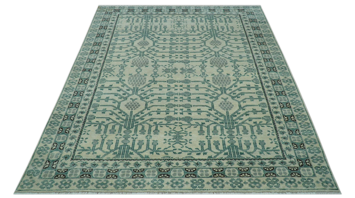 Custom Made Ivory And Gray Turkish Khotan Design Hand Knotted Wool Rug.
