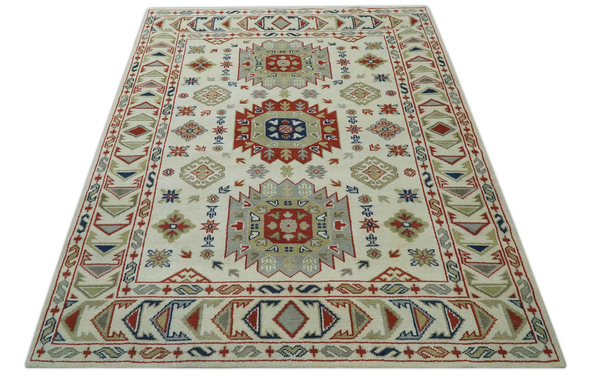 Traditional Mamluk design Ivory, Rust and Olive Hand knotted Multi Size wool rug.