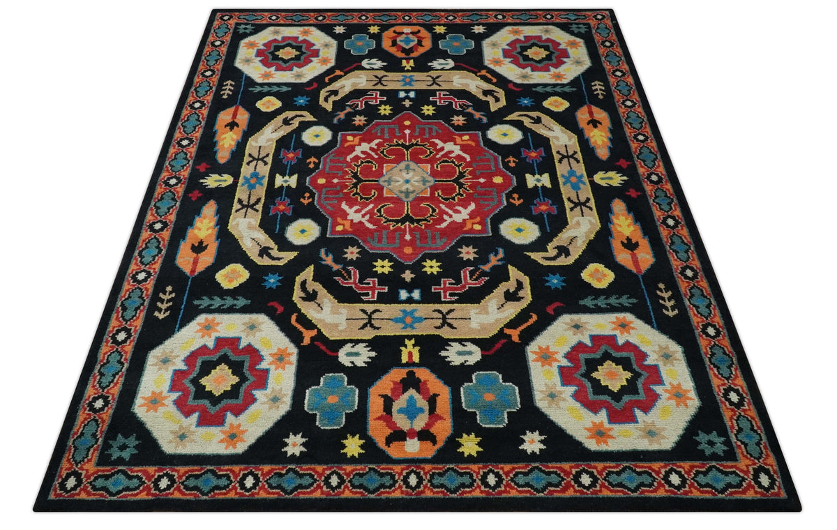 Custom Made Colorful Black, Maroon and Beige Traditional Mamluk Design wool Rug.