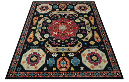 Custom Made Colorful Black, Maroon and Beige Traditional Mamluk Design wool Rug.