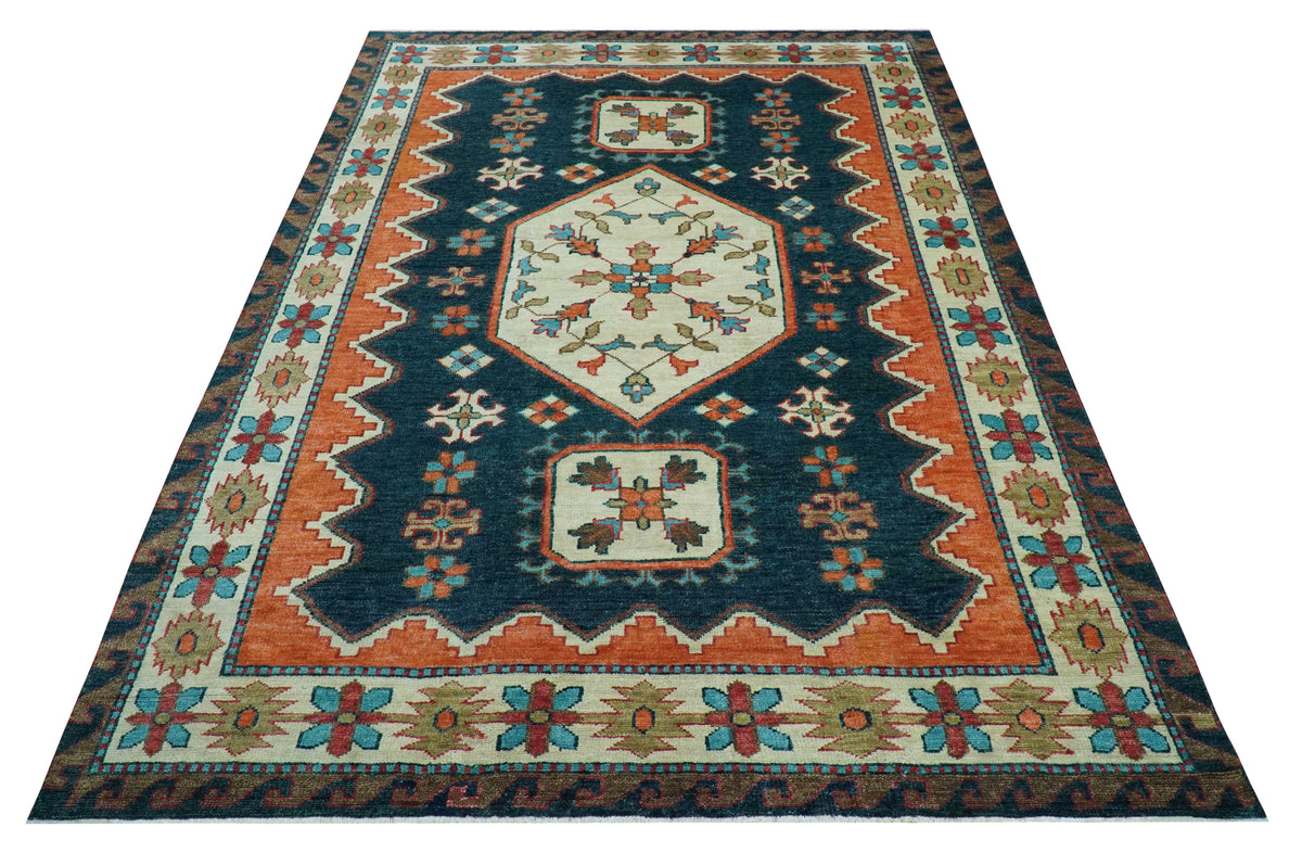 Custom Made Traditional Blue And Ivory Hand Knotted Wool Rug.