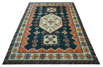 Custom Made Traditional Blue And Ivory Hand Knotted Wool Rug.