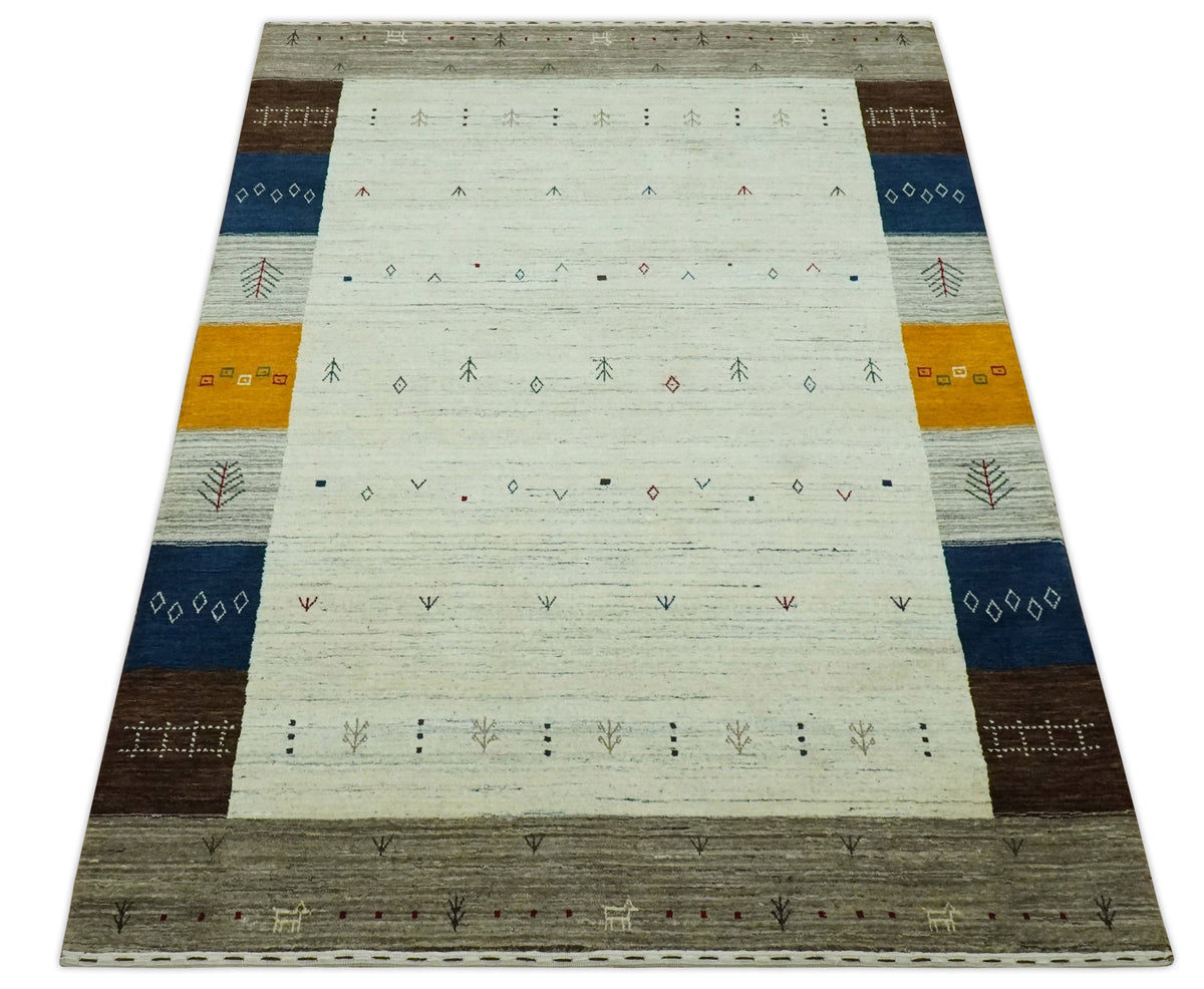Ivory, Olive, Blue and Charcoal Handloom Tribal Gabbeh Multi Size wool Area Rug.