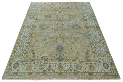 Hand Knotted Beige, Ivory and Gray Traditional Oushak Custom Made Wool Rug.