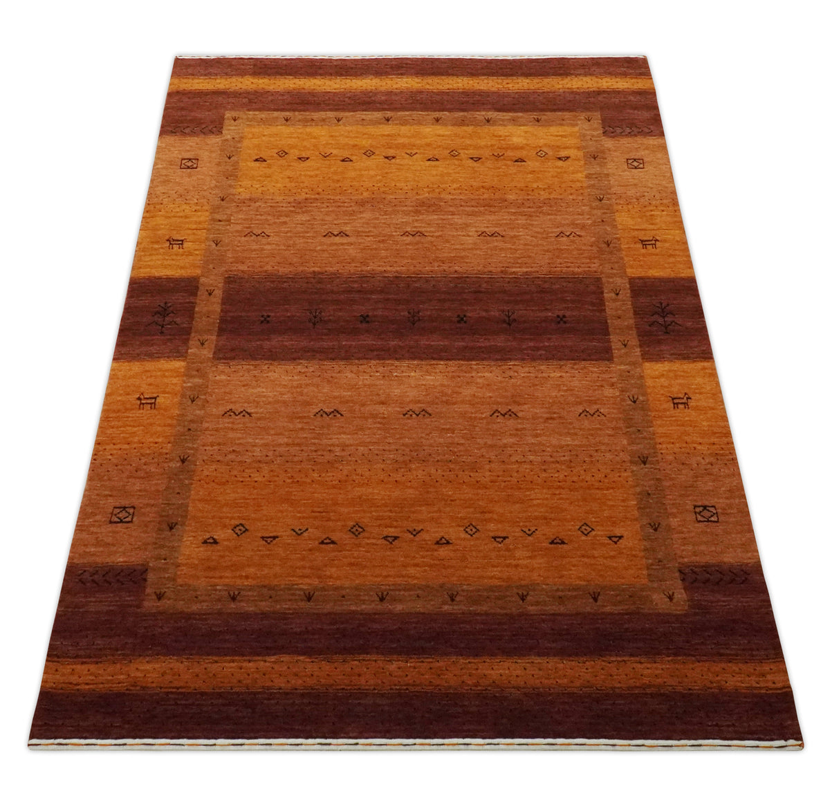 Custom Made geometrical Stripes Design Rust and Brown Hand loom wool Area Rug.