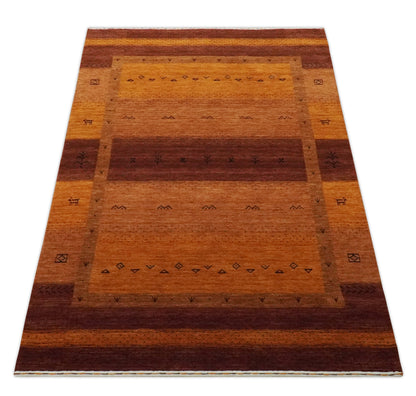Custom Made geometrical Stripes Design Rust and Brown Hand loom wool Area Rug.
