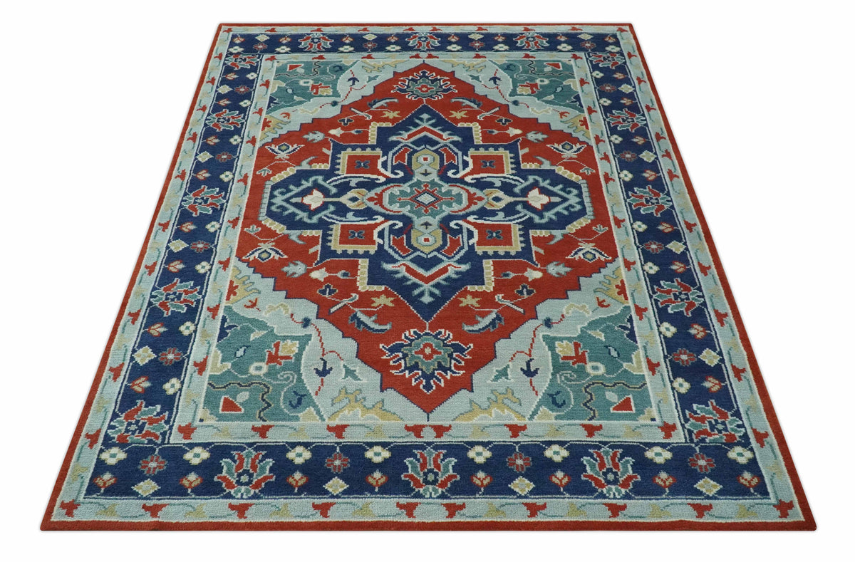 Custom Made Rust, Blue and Silver hand knotted Traditional Heriz wool area rug.