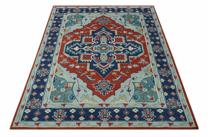 Custom Made Rust, Blue and Silver hand knotted Traditional Heriz wool area rug.