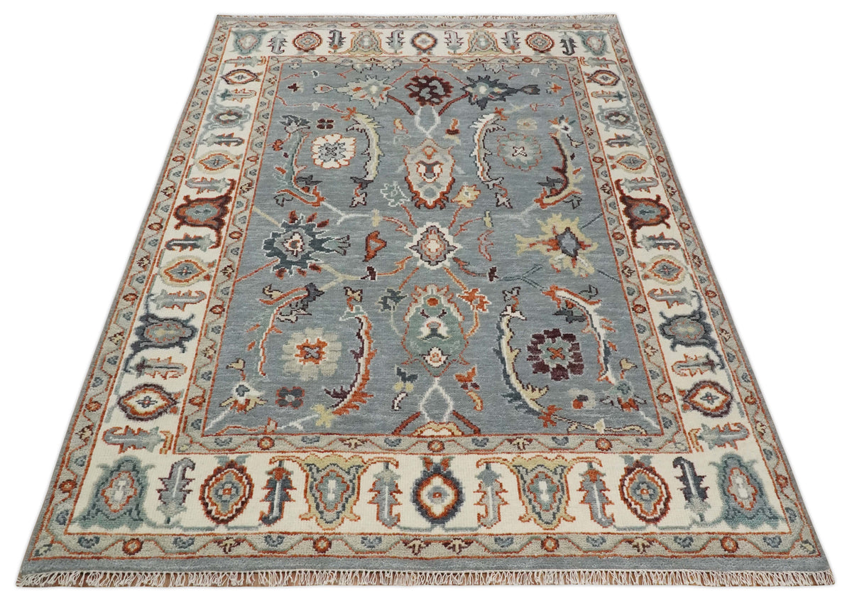 Hand Knotted Gray and Ivory Traditional Oriental Oushak Custom Made Wool Area Rug.