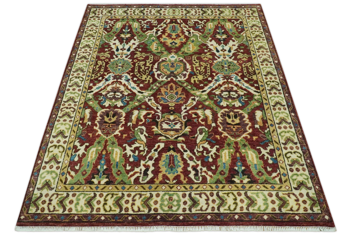 Traditional Large Design Maroon and Green Hand Knotted Custom Made wool area rug.