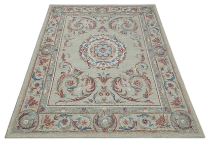 French Inspired Aubusson design Custom Made Beige, Brown and Blue Hand Tufted wool Area Rug.