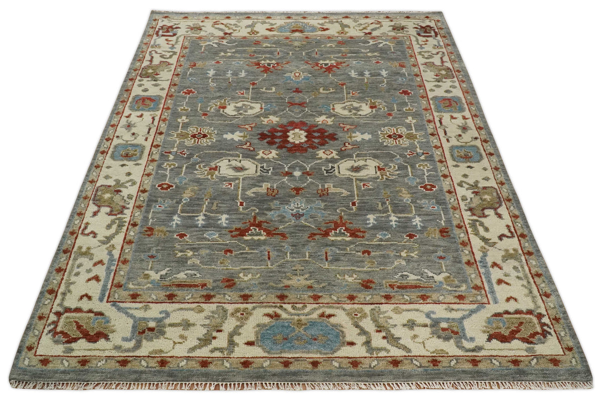 Hand Knotted Gray, Red and Beige Traditional Vintage Style Custom Made Wool Area Rug.