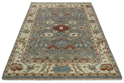 Hand Knotted Gray, Red and Beige Traditional Vintage Style Custom Made Wool Area Rug.