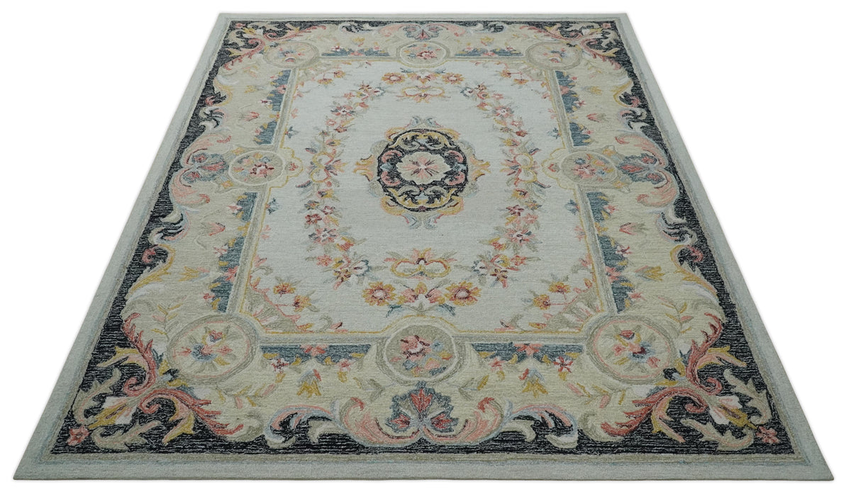 French Design Aubusson Custom Made Ivory, Light Green and Charcoal Hand Tufted wool Area Rug.
