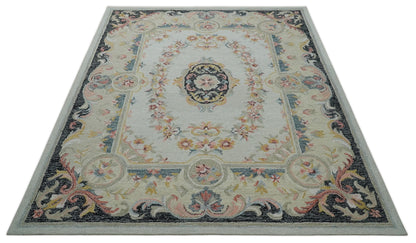 French Design Aubusson Custom Made Ivory, Light Green and Charcoal Hand Tufted wool Area Rug.