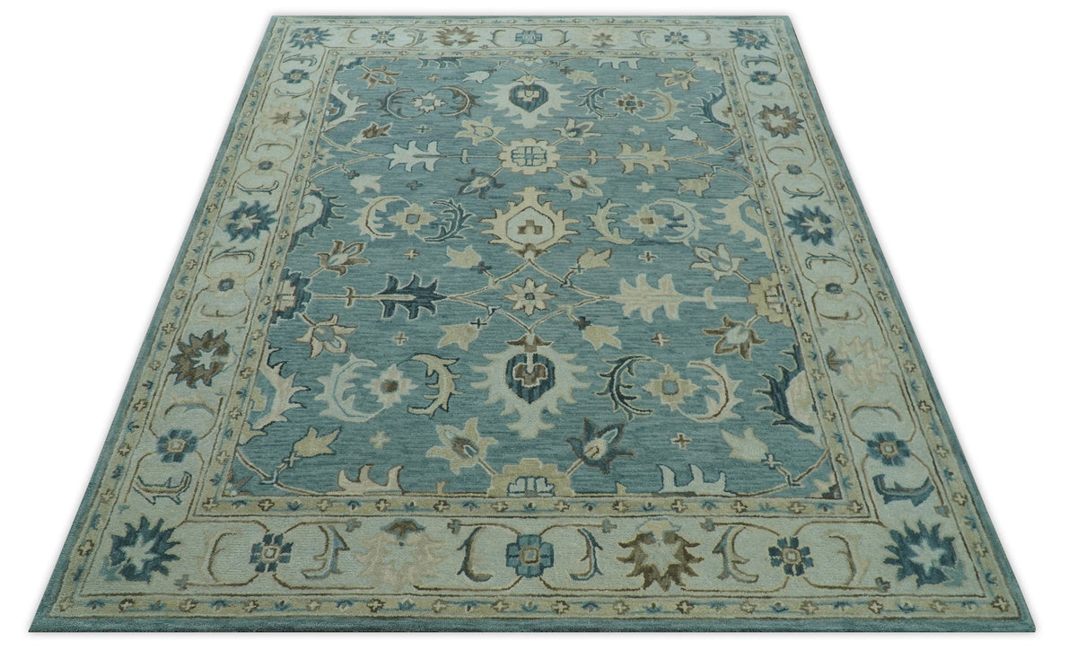 Custom Made Aqua, Ivory and Beige Hand Tufted Oriental Oushak wool area rug.