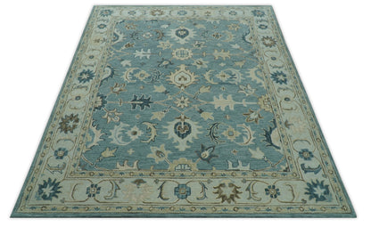 Custom Made Aqua, Ivory and Beige Hand Tufted Oriental Oushak wool area rug.