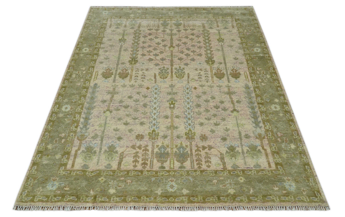 Tree of life Beige, Purple and Olive Hand Knotted Traditional Floral Custom Made wool rug.