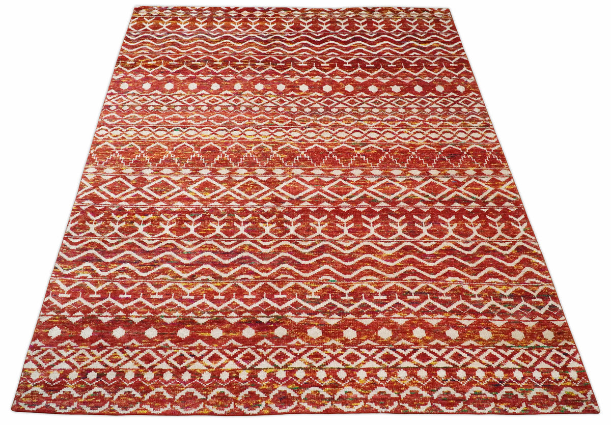 4x6 and 8x10 Hand Knotted Rust, Gold and White Modern Contemporary Southwestern Tribal Trellis Recycled Silk Area Rug.